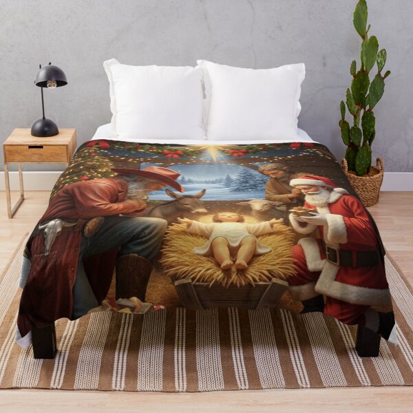 Item preview, COWBOY AND SANTA KNEELING BESIDE JESUS' IN MANGER designed and sold by Obinne.