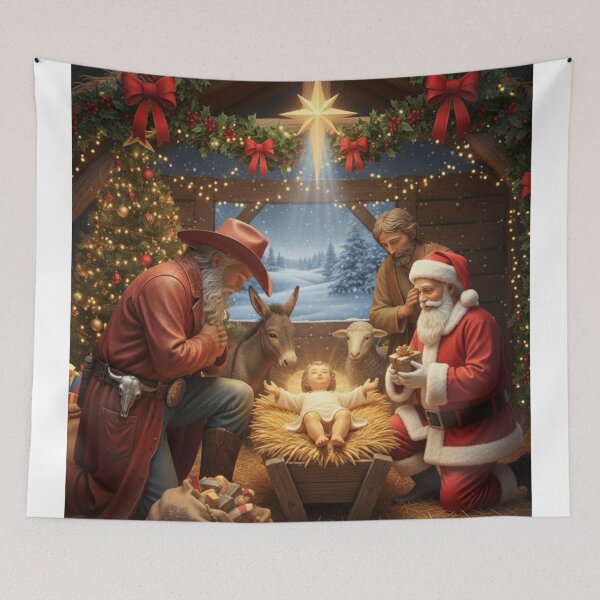 Item preview, COWBOY AND SANTA KNEELING BESIDE JESUS' IN MANGER designed and sold by Obinne.