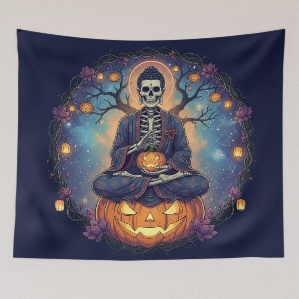 Item preview, Skeleton Buddha on Jack O'Lantern - Halloween Special designed and sold by Zen Mosaic.