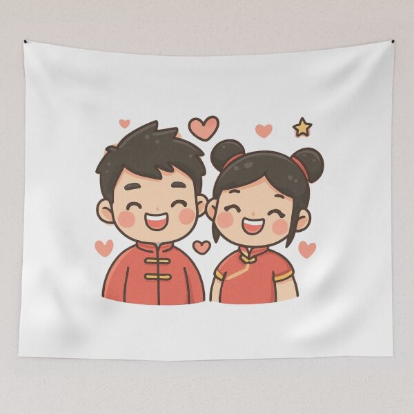 Item preview, Kawaii Chinese Couple with Smiles and Traditional Clothes designed and sold by panchoflex.