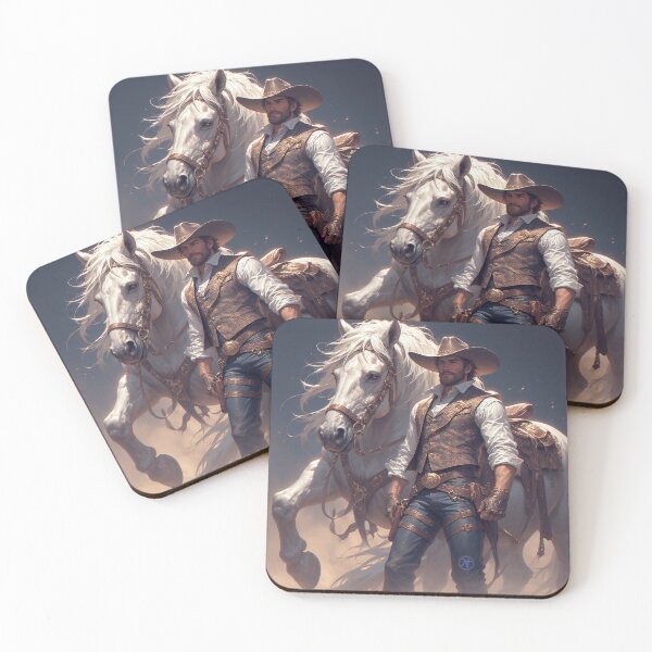 Item preview, Golden Cowboy with White Horse – Western Rider Rustic Frontier Art by NegarTv Designs designed and sold by NegarTv Designs.