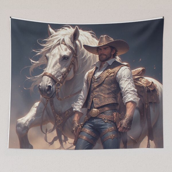 Item preview, Golden Cowboy with White Horse – Western Rider Rustic Frontier Art by NegarTv Designs designed and sold by NegarTv Designs.