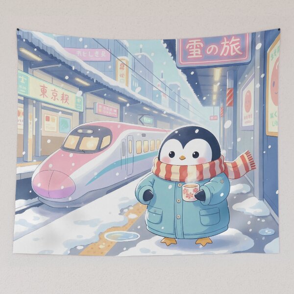 Item preview, Kawaii Penguin Japan Winter Train Station designed and sold by Drip stamp.