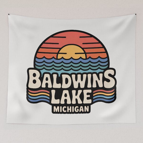 Item preview, Baldwins Lake, Michigan Retro Sunset designed and sold by TheOldMittenIllustrated.