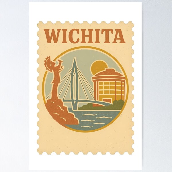 Item preview, Vintage Stamp of Wichita | Retro Kansas Travel Poster | Mid-Century Modern Cityscape Art | Riverfront & Historic Downtown Design | Collectible USA Print designed and sold by PaintedPixels01.