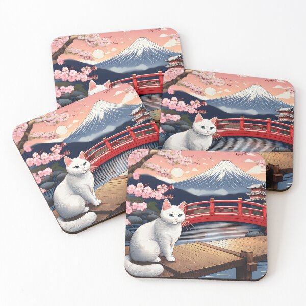 Item preview, white ukiyo-e cat on the red bridge designed and sold by FunkyBeaver.