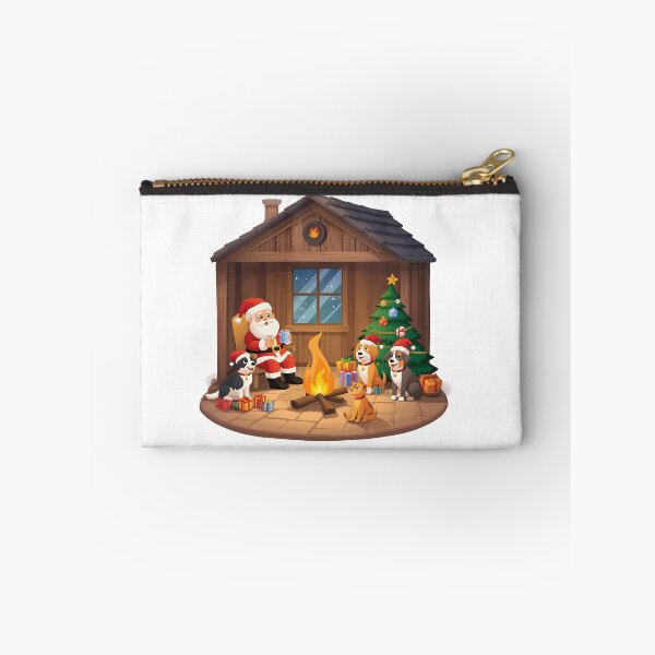 Item preview, Santa Claus an adorable cat and dog, both wearing Santa hats and red scarves, pose sweetly beside a festive Christmas tree and gifts, symbolizing holiday cheer, pet companionship, and seasonal joy. designed and sold by PWDigitalArt.