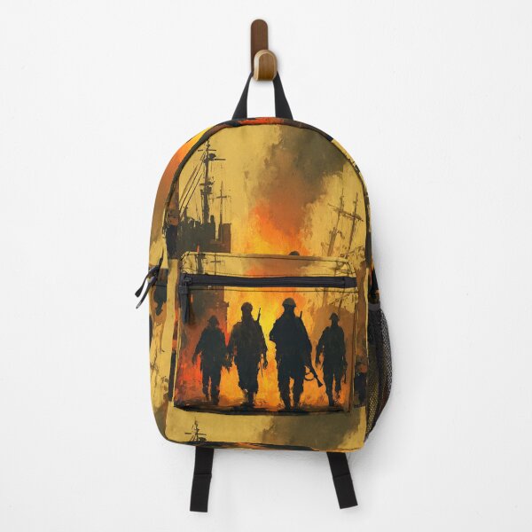 Item preview, Four soldiers walk through a destroyed and burning harbor. designed and sold by Piotrek0001.