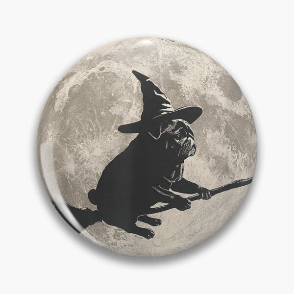 Item preview, Flying Witch Pug Dog Silhouette Against Full Moonlight Sky designed and sold by BancaJone.