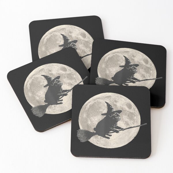 Item preview, Flying Witch Pug Dog Silhouette Against Full Moonlight Sky designed and sold by BancaJone.