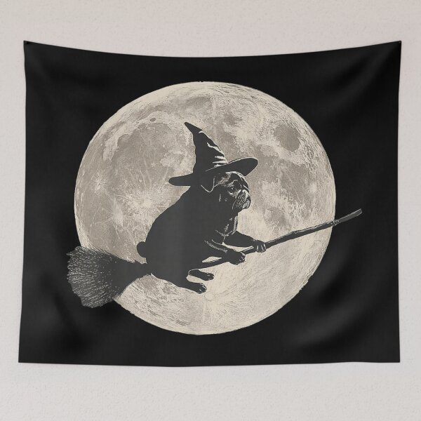 Item preview, Flying Witch Pug Dog Silhouette Against Full Moonlight Sky designed and sold by BancaJone.