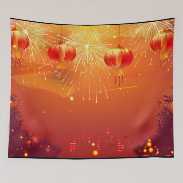 Item preview, Traditional Chinese lanterns against fireworks in night sky, background, AI generated designed and sold by dvoevnore.
