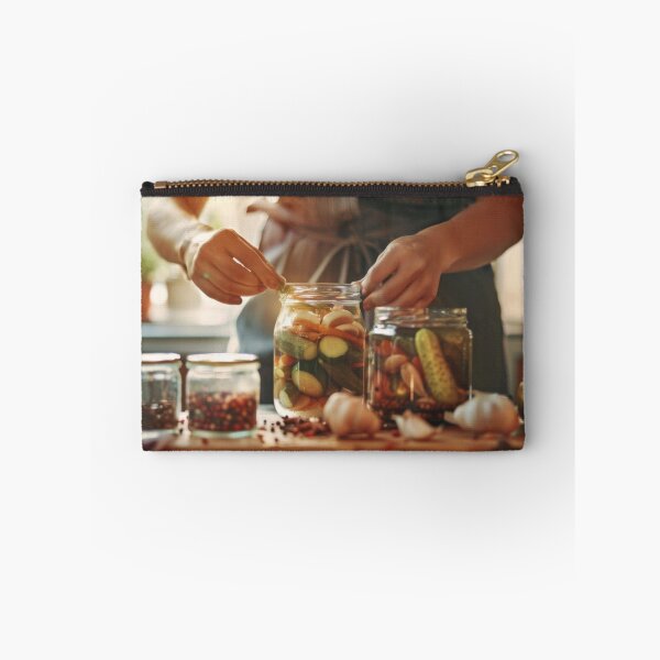 Item preview, Person preparing jars of homemade pickled vegetables in cozy kitchen, AI generated designed and sold by dvoevnore.
