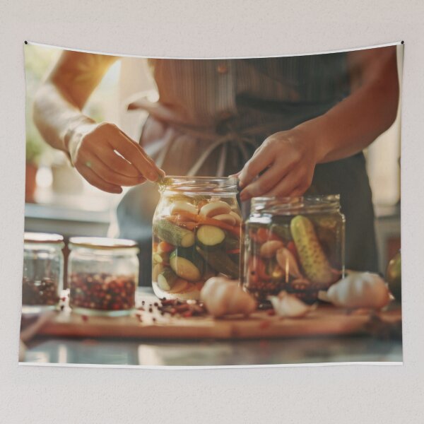 Item preview, Person preparing jars of homemade pickled vegetables in cozy kitchen, AI generated designed and sold by dvoevnore.