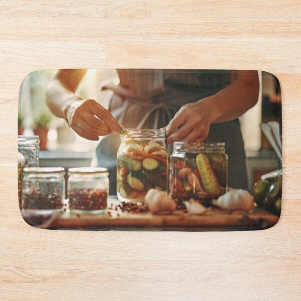 Item preview, Person preparing jars of homemade pickled vegetables in cozy kitchen, AI generated designed and sold by dvoevnore.