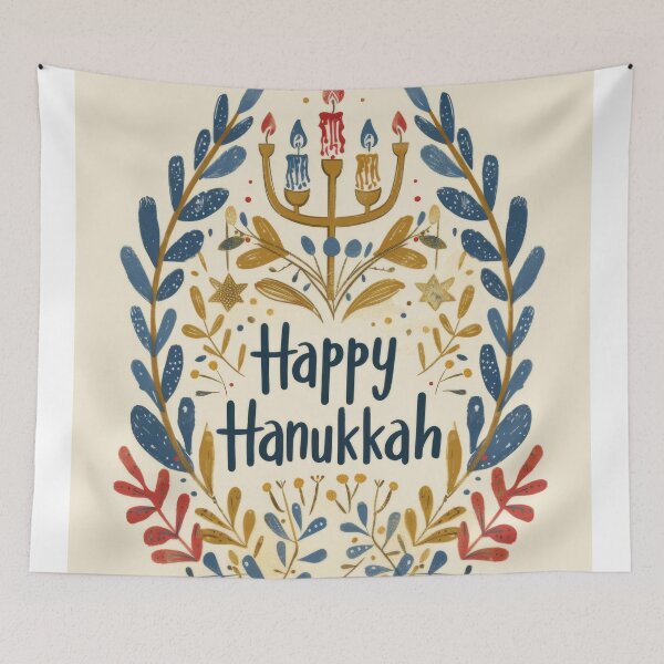 Item preview, Hanukkiah with seven lit candles surrounded by floral design and text Happy Hanukkah, concept, AI generated designed and sold by dvoevnore.