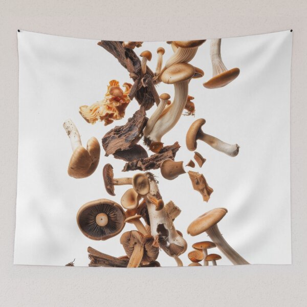 Item preview, Various mushrooms floating in mid-air on white background, AI Generated designed and sold by dvoevnore.