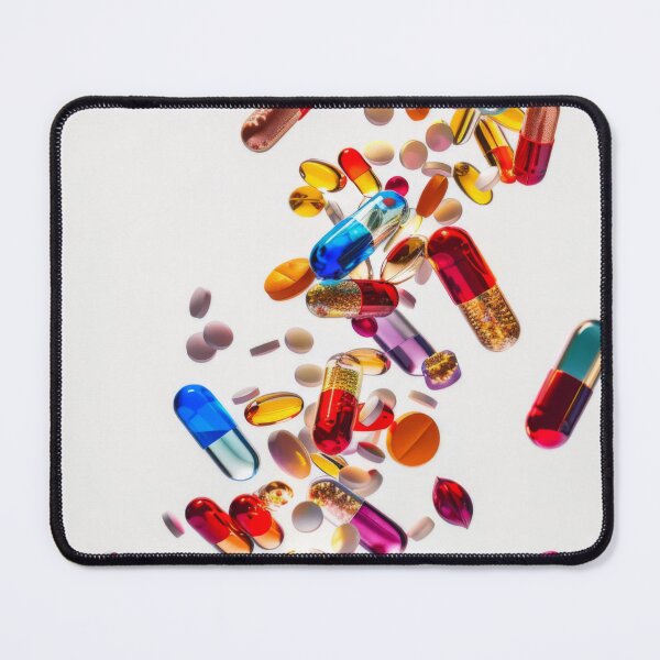 Item preview, Colorful pills and capsules falling in mid-air on white background, AI Generated designed and sold by dvoevnore.