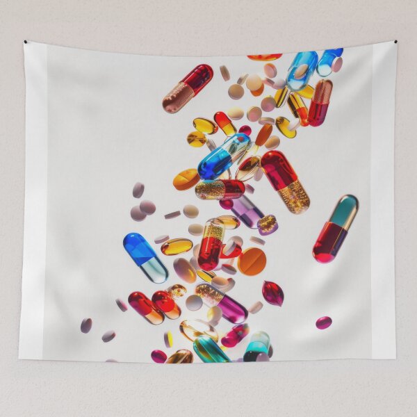 Item preview, Colorful pills and capsules falling in mid-air on white background, AI Generated designed and sold by dvoevnore.