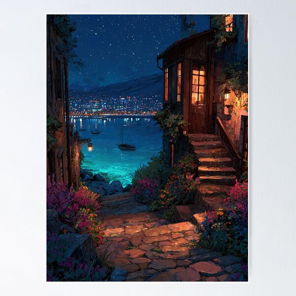 Item preview, Romantic Coastal Night – Seaside Pathway Art designed and sold by Lamarcy.