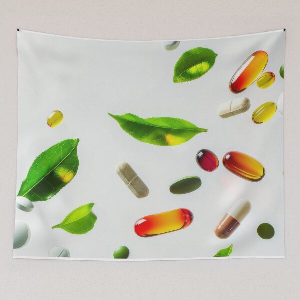 Item preview, Vitamin capsules and pills floating in the air on white background, AI Generated designed and sold by dvoevnore.