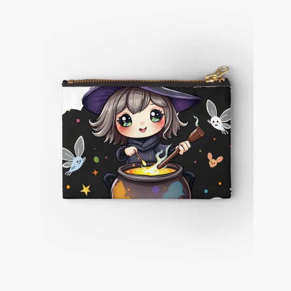 Item preview, Cute Kawaii Halloween Witch Stirring Potion Cauldron with Ghosts and Pumpkins Art Print designed and sold by EllDAV777.
