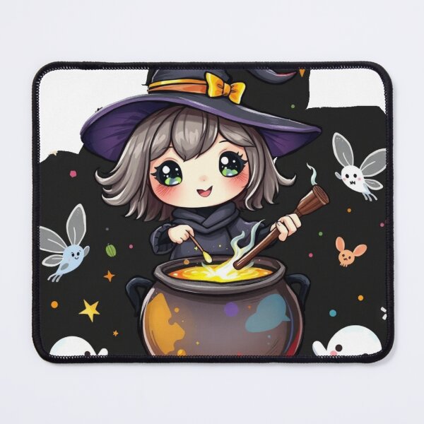 Item preview, Cute Kawaii Halloween Witch Stirring Potion Cauldron with Ghosts and Pumpkins Art Print designed and sold by EllDAV777.