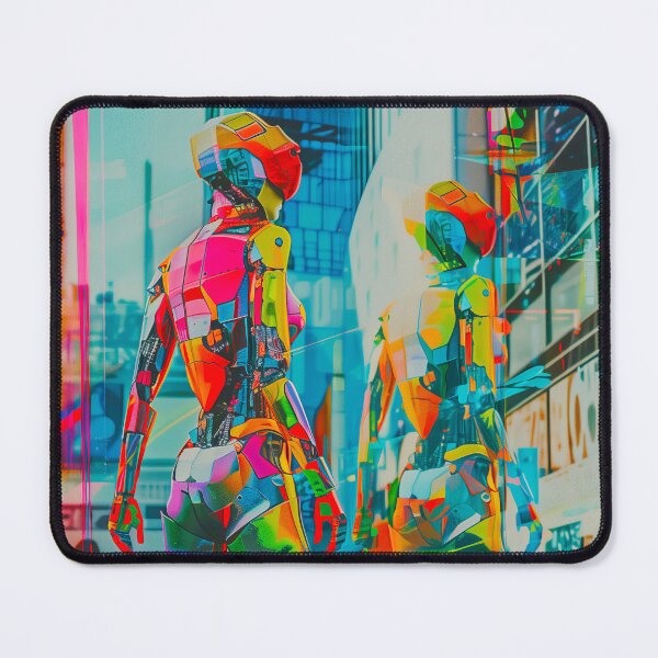 Artikelvorschau, Cyberpunk-Roboter-Stadtbild – Futuristischer Glitch-Kunstdruck mit Neon-Android-Reflexion" entworfen und verkauft von averagejoekster.