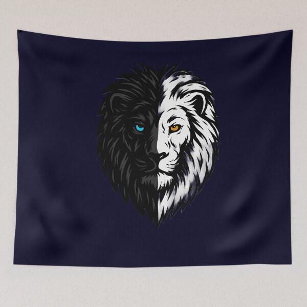 Item preview, Artistic Lion Face Illustration – Black and White Duality, Piercing Blue and Orange Eyes, Symbolic and High-Contrast Design designed and sold by ArteeInnovation.
