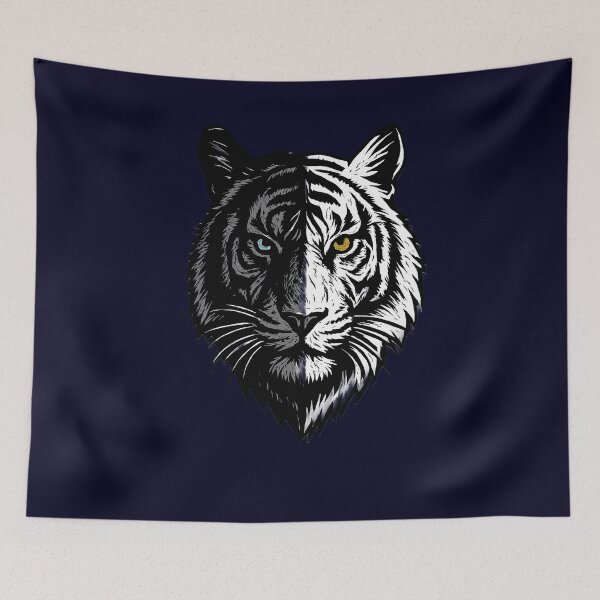 Item preview, Artistic Tiger Face Illustration – Symmetrical Black and White Design with Blue and Yellow Eyes, High-Contrast and Symbolic Style designed and sold by ArteeInnovation.