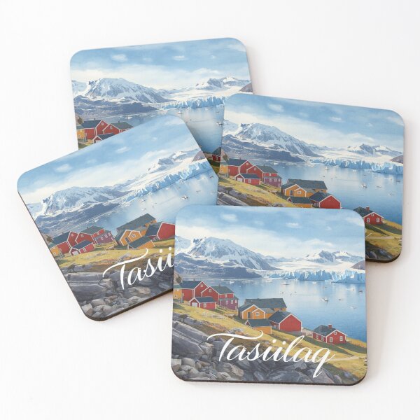 Item preview, Tasiilaq coastal landscape with red houses and glaciers designed and sold by StormArte.