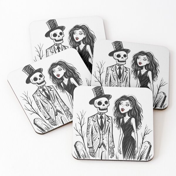 Item preview, Fancy dapper Skeleton man rotting in the night next to a sexy vampire girl cool horror art designed and sold by Vintage Designs +.