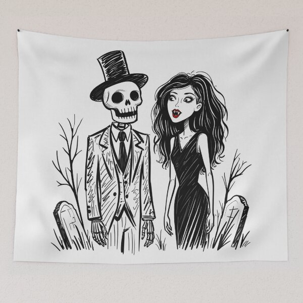 Item preview, Fancy dapper Skeleton man rotting in the night next to a sexy vampire girl cool horror art designed and sold by Vintage Designs +.