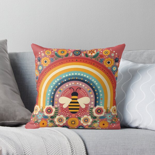 Item preview, Scandinavian Folk Art Cute Bee and Rainbow with Folk Flowers by heidiannemorris © designed and sold by FOLK ART FUSION by heidiannemorris.