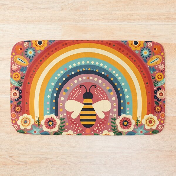 Item preview, Scandinavian Folk Art Cute Bee and Rainbow with Folk Flowers by heidiannemorris © designed and sold by FOLK ART FUSION by heidiannemorris.