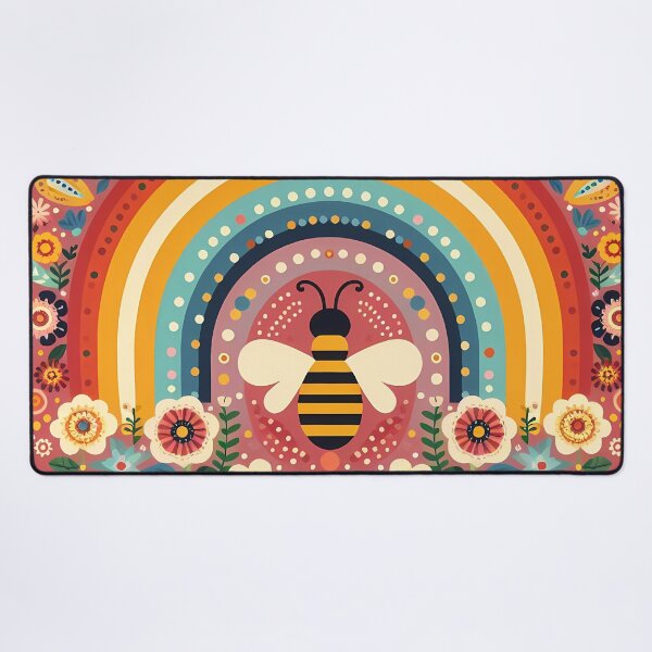 Item preview, Scandinavian Folk Art Cute Bee and Rainbow with Folk Flowers by heidiannemorris © designed and sold by FOLK ART FUSION by heidiannemorris.