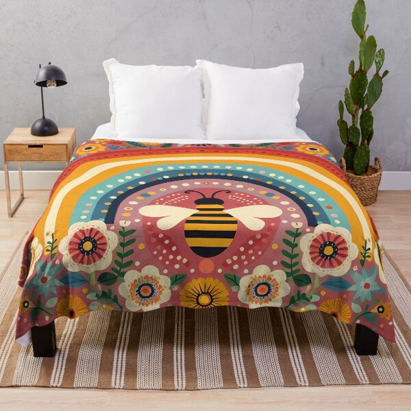 Item preview, Scandinavian Folk Art Cute Bee and Rainbow with Folk Flowers by heidiannemorris © designed and sold by FOLK ART FUSION by heidiannemorris.