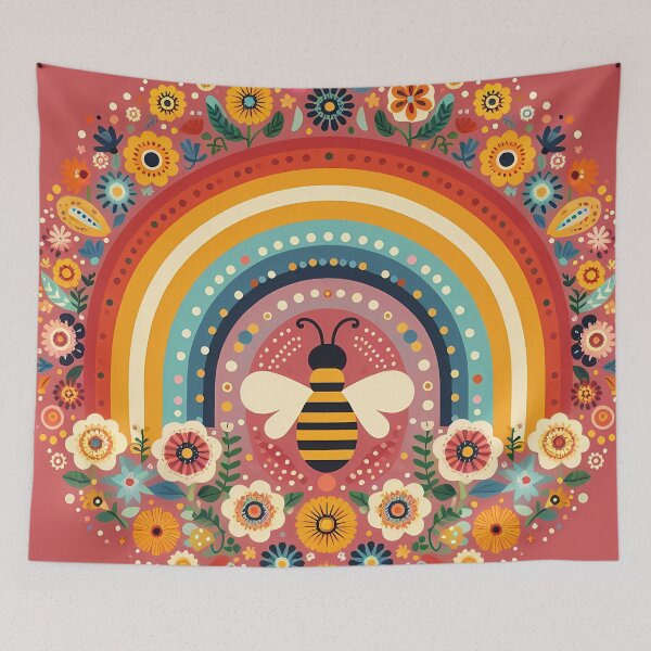 Item preview, Scandinavian Folk Art Cute Bee and Rainbow with Folk Flowers by heidiannemorris © designed and sold by FOLK ART FUSION by heidiannemorris.
