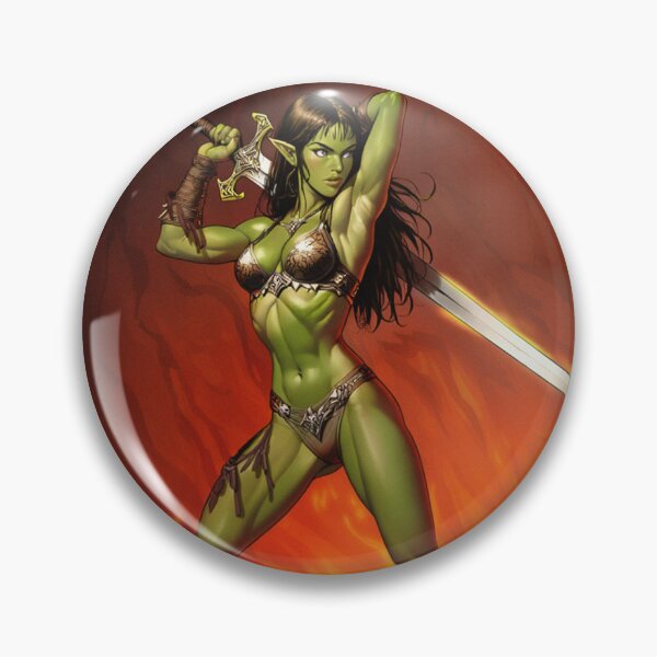Item preview, green skinned Orc Warrior woman with sword fantasy art illustration designed and sold by Vintage Designs +.