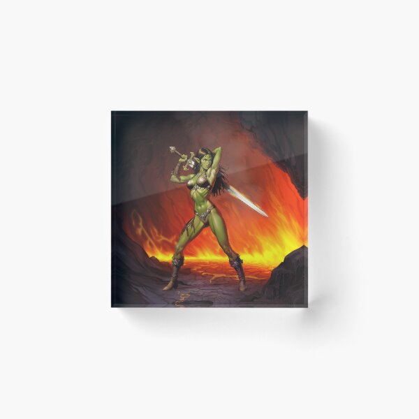 Item preview, green skinned Orc Warrior woman with sword fantasy art illustration designed and sold by Vintage Designs +.