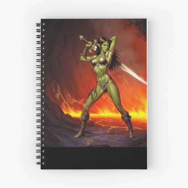 Item preview, green skinned Orc Warrior woman with sword fantasy art illustration designed and sold by Vintage Designs +.