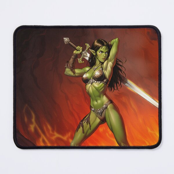 Item preview, green skinned Orc Warrior woman with sword fantasy art illustration designed and sold by Vintage Designs +.