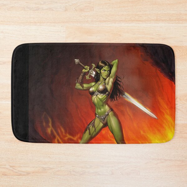 Item preview, green skinned Orc Warrior woman with sword fantasy art illustration designed and sold by Vintage Designs +.