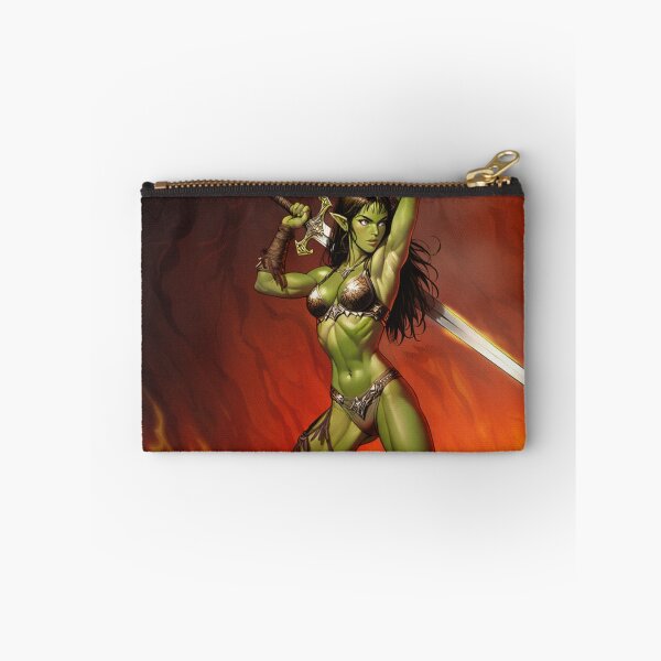 Item preview, green skinned Orc Warrior woman with sword fantasy art illustration designed and sold by Vintage Designs +.