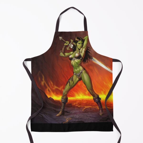 Item preview, green skinned Orc Warrior woman with sword fantasy art illustration designed and sold by Vintage Designs +.