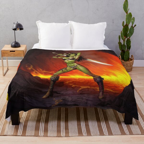 Item preview, green skinned Orc Warrior woman with sword fantasy art illustration designed and sold by Vintage Designs +.