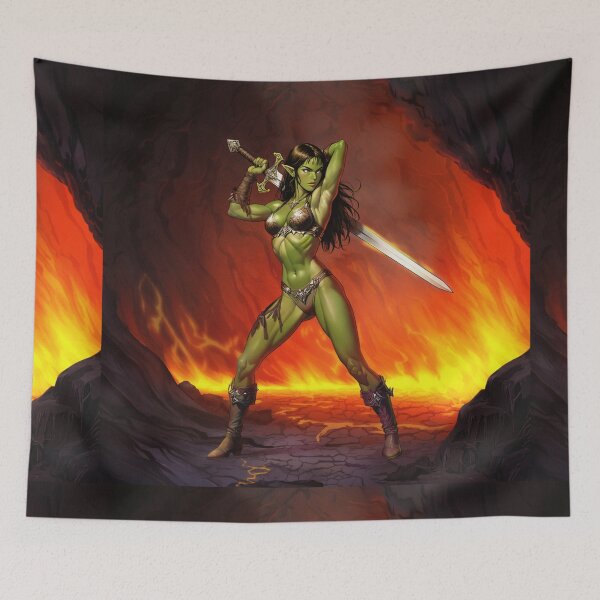 Item preview, green skinned Orc Warrior woman with sword fantasy art illustration designed and sold by Vintage Designs +.