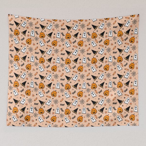 Item preview, Hand Drawn Cute Spooky Halloween Pattern – Pumpkins, Ghosts, Candy & Witch Hats Seamless Design designed and sold by emmacrayon.