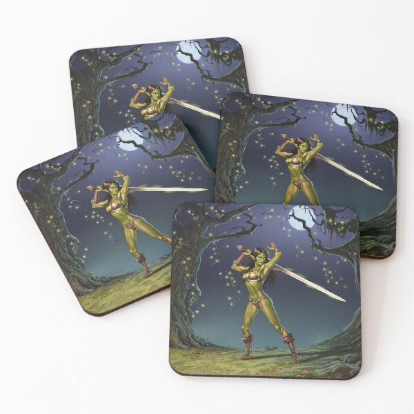 Item preview,  green skinned Orc Warrior woman with sword fantasy art illustration designed and sold by Vintage Designs +.