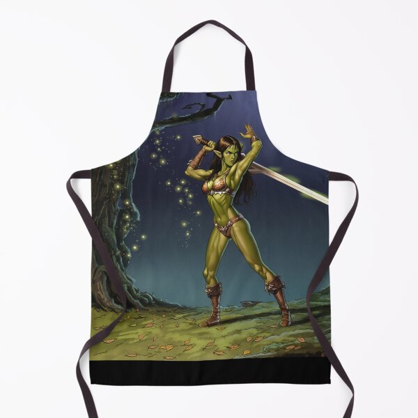 Item preview, green skinned Orc Warrior woman with sword fantasy art illustration designed and sold by Vintage Designs +.